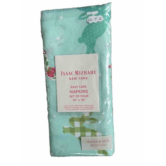 Isaac Mizrahi Green Aqua Floral Bunny Polka Dot Cloth Napkins Set 4 - Picture 1 of 2